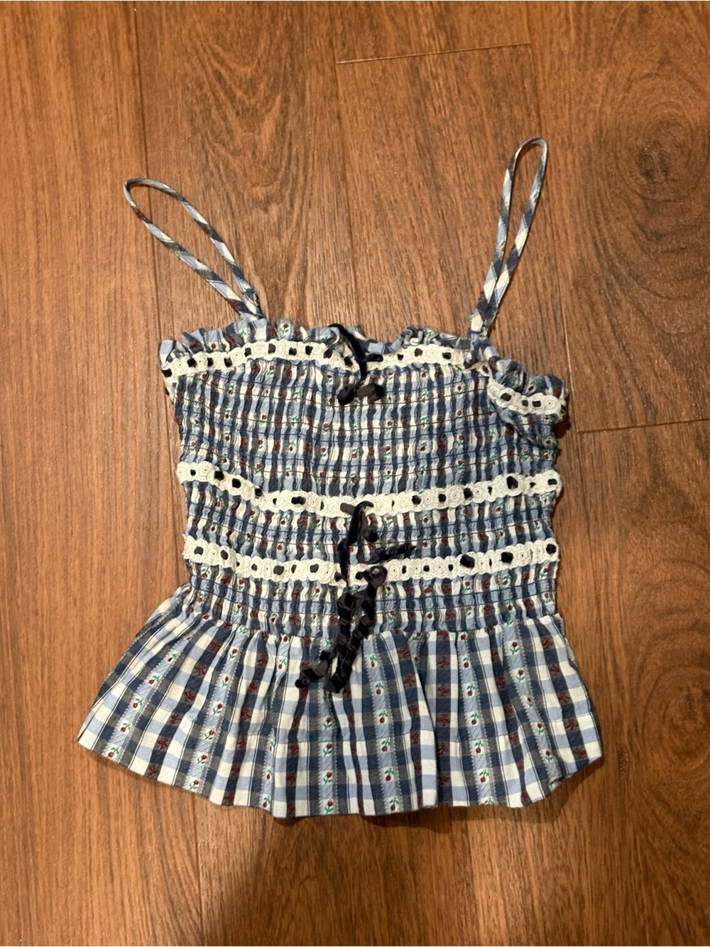 Blue Plaid Smocked Spaghetti-Strap Camisole with Lace Trim